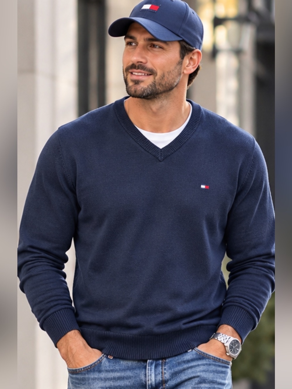 Tommy Hilfiger Men’s Navy V-Neck Sweater XL 100% Cotton Classic Logo Dark NAVY